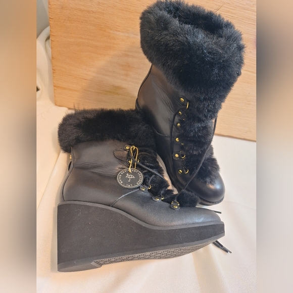 Ralph Lauren Black Leather Faux Fur Lined Wedge Ankle Boots Women's Size 6.5B - Picture 11 of 13